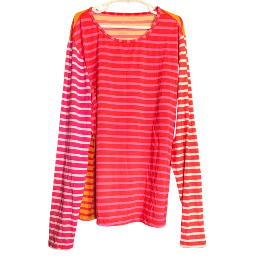 Lands End Long Sleeve Top Womens S Pink Orange Good Striped Colorblock Crew Neck
